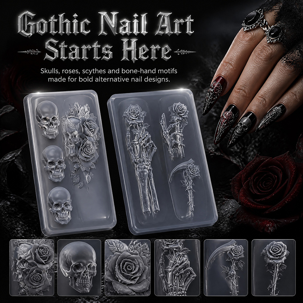 Nail Art Vintage - 2Pcs Set Dark Rose Skull Silicone
