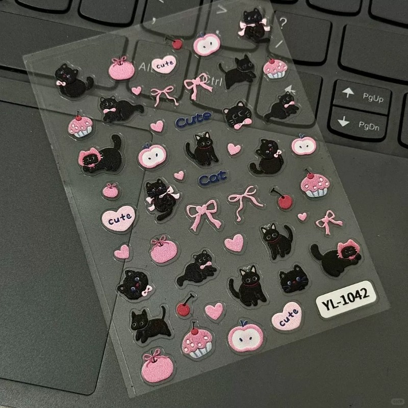 Nail Art Vintage - Cute Cartoon Bow Black Cat 3D