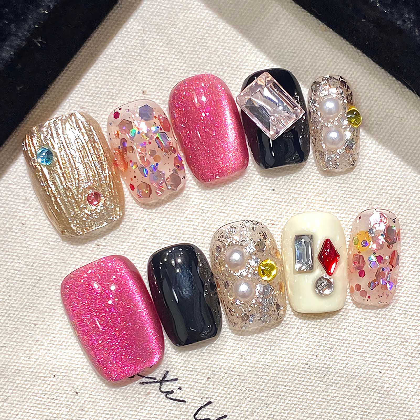 Handmade Press on Nails Glitte - Nail Art Pink Cat Eye review and price